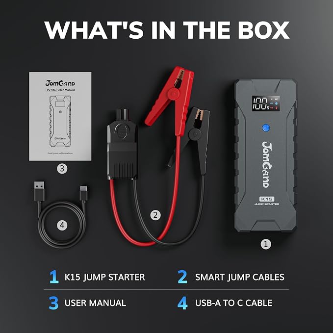 K15 Extremely Safe Jump Starter, 2500A Car Battery Jump Starter for Up to 8.0L Gas or 6.0L Diesel Engines, 12V Portable Jump Box with Smart Jumper Cable, USB-C Charge and 3 Mode Flashlight