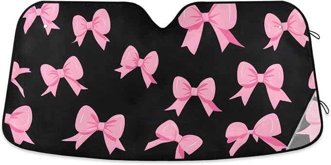 Pink Bow Black Windshield Sunshade Car Sun Shade Front Window Shade for Truck SUV Blocks UV Rays Sun Reflector Visor Protector Accordion Folding