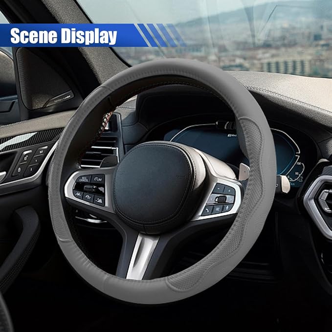 Car Steering Wheel Cover, 15 Inch Leather Anti-Slip Breathable Automotive Steering Wheel Protector, Universal Heat Resistant Vehicle Interior Accessories Cars, SUVs, Trucks(Gray)