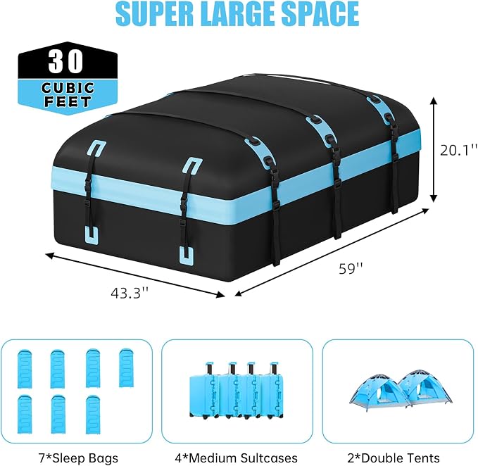 Car Rooftop Cargo Carrier Bag, 30 Cubic Feet Waterproof Soft-Shell Car Roof Bag for All Vehicle with/Without Rack, Include Anti-Slip Mat, Reinforced Straps, Door Hooks Luggage Lock (Blue)