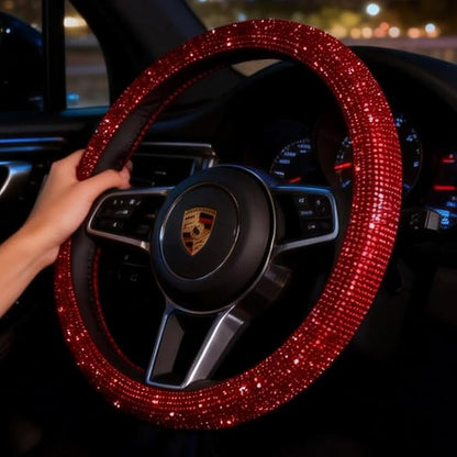 Car Bling Steering Wheel Cover for Women Girls Burgundy 15 Inch Universal Red Crystal Rhinestone Diamonds Bling Bling Accessories Anti-Slip Wheel Protector