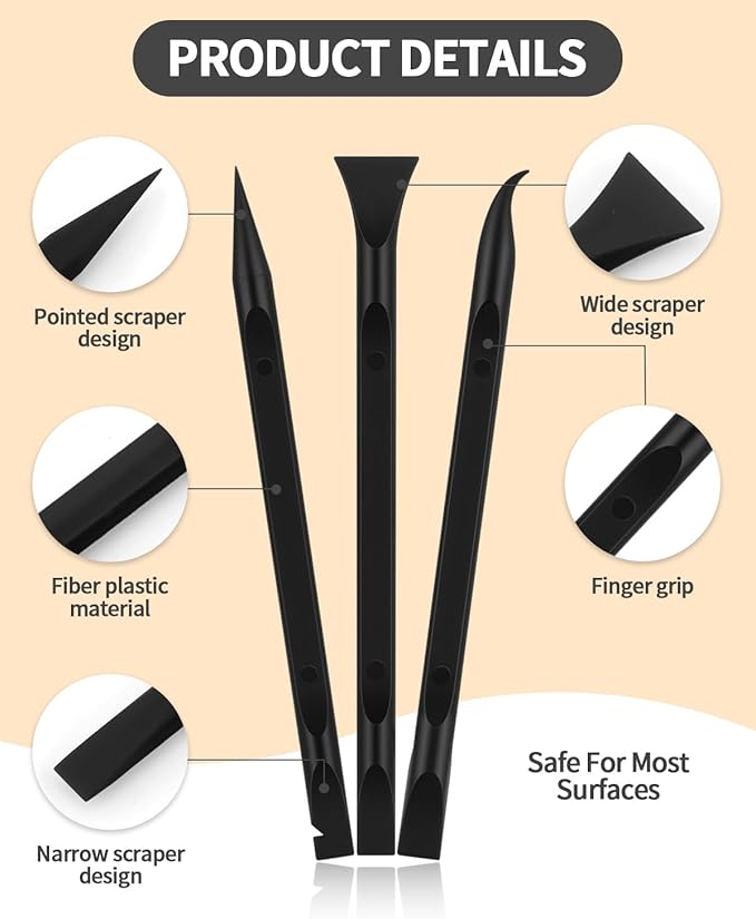 12 PCS Carbon Fiber Plastic Scrapers Tool, Non-Scratch Scraper Tool for Tight Spaces, Multi-Purpose Label Scraper Pen-Shaped, for Car Cleaning Supplies, Kitchen, Crevices, Stains (Black)