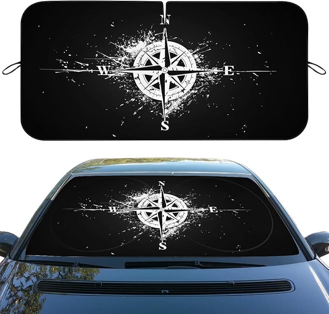 Black White Compass Car Windshield Sunshades, 59" L x 31.5" W, Universal Fit, UV Protection, Cooling Effect, Easy To Install, Perfect For SUV, Truck, Sedan
