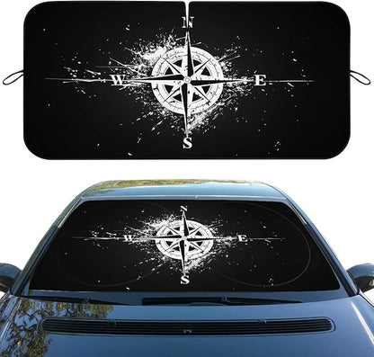 Black White Compass Car Windshield Sunshades, 59" L x 31.5" W, Universal Fit, UV Protection, Cooling Effect, Easy To Install, Perfect For SUV, Truck, Sedan