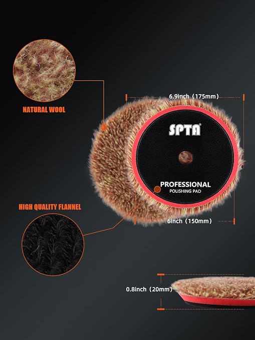 SPTA Wool Polishing Pads, 2Pcs 6 Inch (150mm) Wool Cutting Pad, Long Hair Wool Buffing and Polishing Pad Set, Wool Buffing Wheel for Heavy Cut for 6 Inch Car Polisher Polishing, Buffing and Cutting