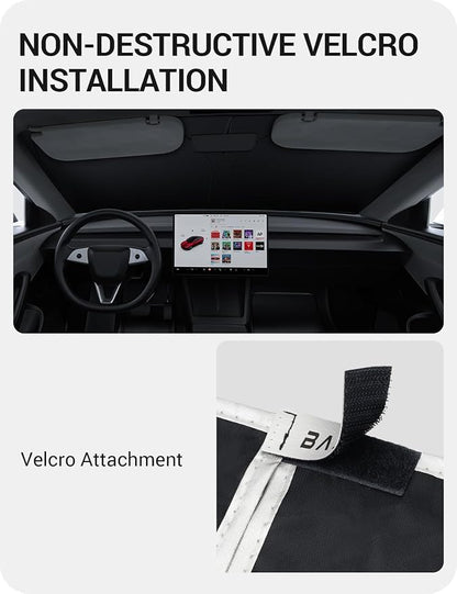BASENOR 2017-2026 Tesla Model Y Model 3 Windshield Sunshade, (Proprietary Design) Folding Front Window Sun Shade Full Cover, Heat UV Protection Visor Accessories