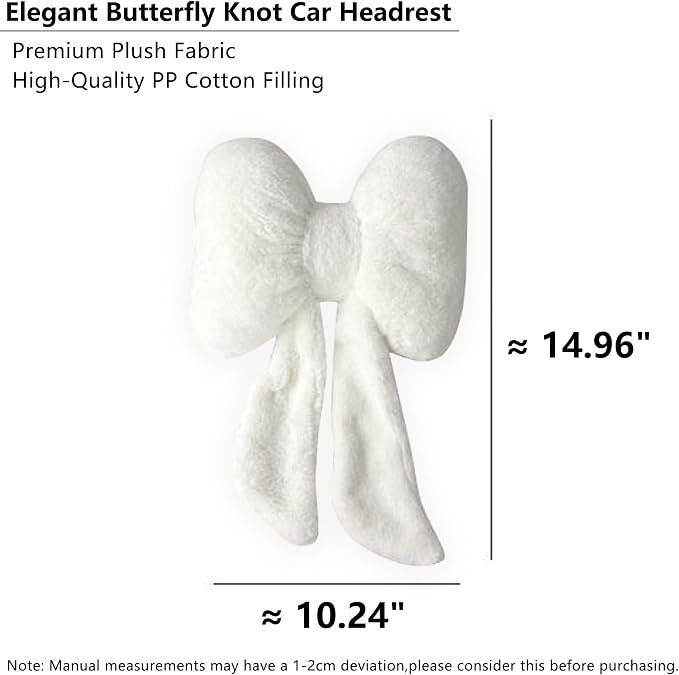 Car Neck Pillow 2PCS Plush Bowknot Car Headrest Pillow – Comfortable Neck Support for Driving Soft Touch Fabric Car Pillow Cute Interior Decor (White)