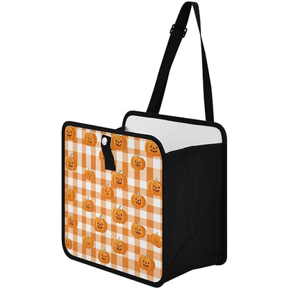 Car Trash Can Organizer Bin with Adjustable Strap for Back Front Seat Console Waterproof Leakproof Collapsible Portable 8.66 Inch Halloween Orange Plaid Pumpkin Heads