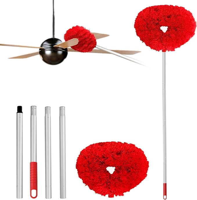 Ceiling Fan Cleaner Duster Reusable Microfiber Ceiling Fan Blade Cleaner Removable Duster with Extension Pole Adjusts 13 to 49.7 Inch for Cleaning Walls Bookshelves Furniture Door Window Top (Red)