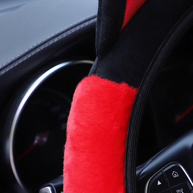 Bittwee Car Steering Wheel Cover, Fluffy Soft Plush for Winter Warm, Cute Steering Wheel Protector with Kitty Cat Ears, Universal 15 Inch, Elastic & Anti-Slip, Lovely Decor Car Accessories (Black/Red)