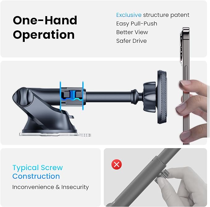 APPS2Car Magnetic Phone Mount for Car, Dashboard & Windshield Suction Cup Holder with Telescopic Arm, Requires Metal Plate for Proper Use, Fit for Android Smartphones(NOT for MagSafe)