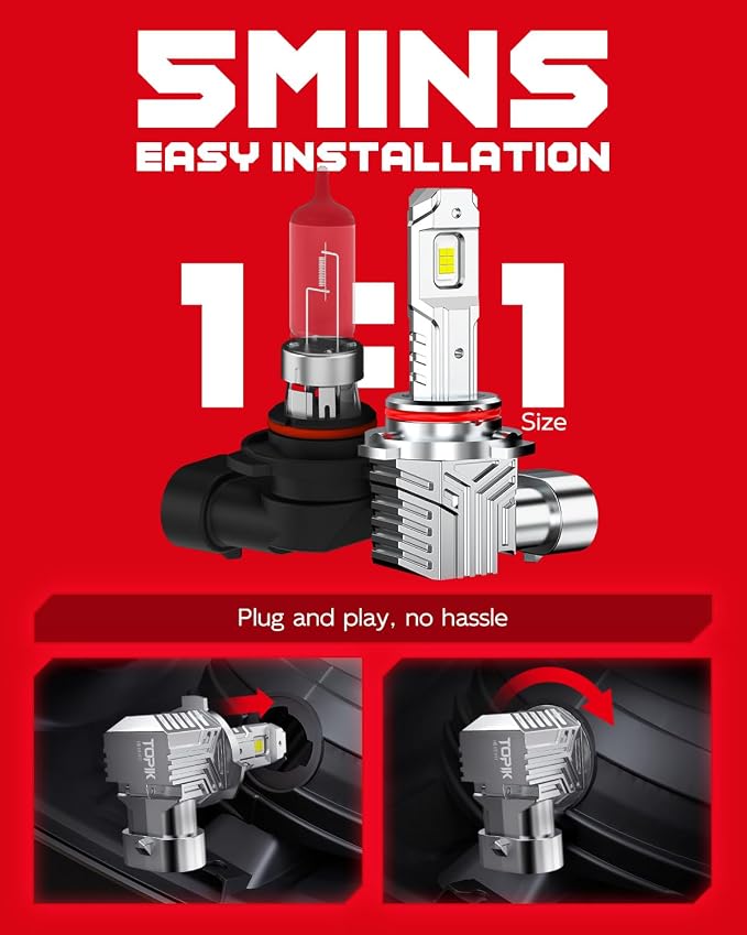 TOPIK T6 9005 Fog Light Bulbs, Upgrade Halogen Bulbs, 300% Brighter, 6000K, Plug and Play
