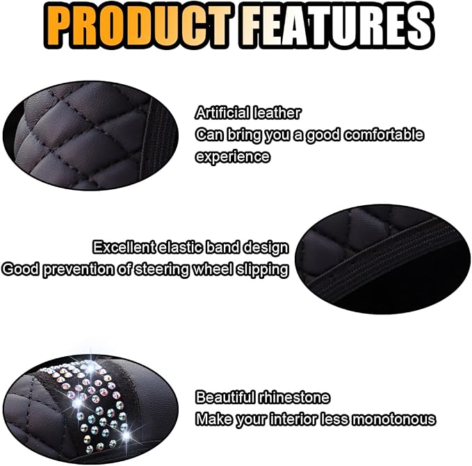 Bling Soft Leather Steering Wheel Cover, 15 Inch Colorful Rhinestones Auto Elastic Protector with Crystal Diamond for Women Girls, Car Accessories for Most Cars, SUVs (Black)