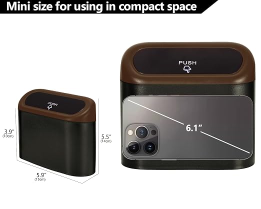 Ginsco Mini Car Trash Can with Lid, Small Car Garbage Can, Cute Leakproof ABS Car Trash Bin, Car Accessories for Interior, Garbage Bin for Car, Home, Office with 60pcs Trash Bags Black/Brown