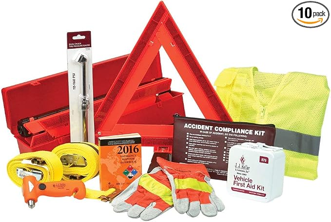 L/XL Truck Driver Safety Kit with Logistic Straps, PPE, First Aid Kit, ERG, Emergency Triangles, Accident Kit, Tire Pressure Gauge, Light/Window Punch/Seatbelt Cutter Tool - J. J. Keller & Associates