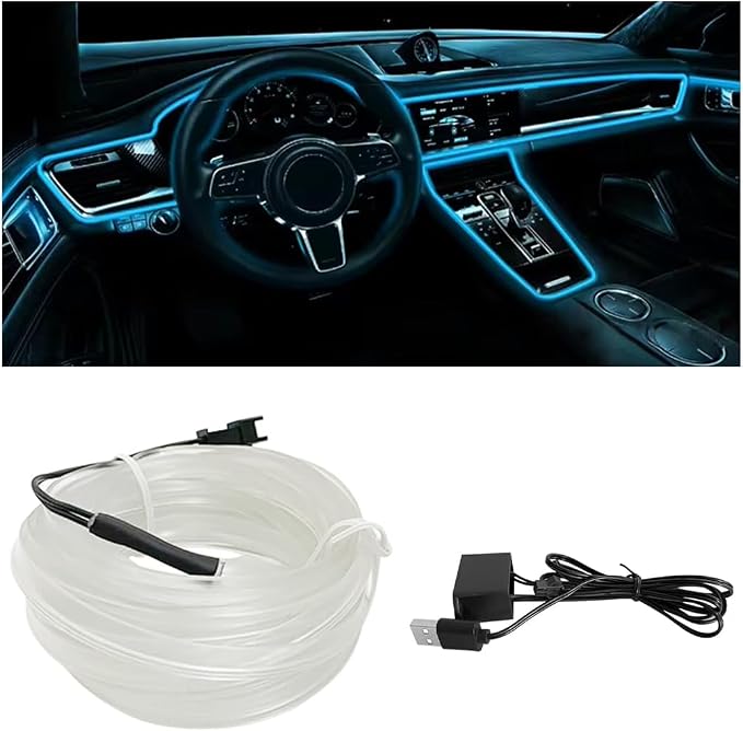 EL Wire Car Interior LED Strips Lights, 16FT 5V USB Auto Neon Light Strip, Electroluminescent Vehicle Interior Ambient Lighting Decor Accessories, Universal for RV, SUV, Truck (Blue)