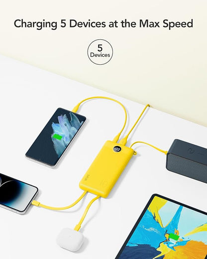 VRURC Portable Charger, Built-in 4 Cables Portable Phone Charger 10000mAh | Lightweight Power Bank with 5 Output 2 Input Compatible with Smart Phones,Samsung,Android etc-Yellow(1 Pack)