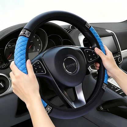 Soft Leather Car Steering Wheel Cover, Universal 15 Inch Colorful Rhinestones Anti-Slip Elastic Steering Wheel Covers for Most Cars, Sparkly Crystal Diamond for Women Girls (Blue)