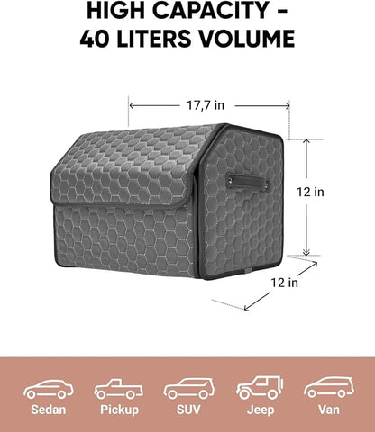 Owleys Foldable Trunk Organizer for Car - Collapsible Auto Trunk Organizer with Lid - Small and Large Cargo Organizer - Trunk Storage Box with 2 Compartments - Gray 17