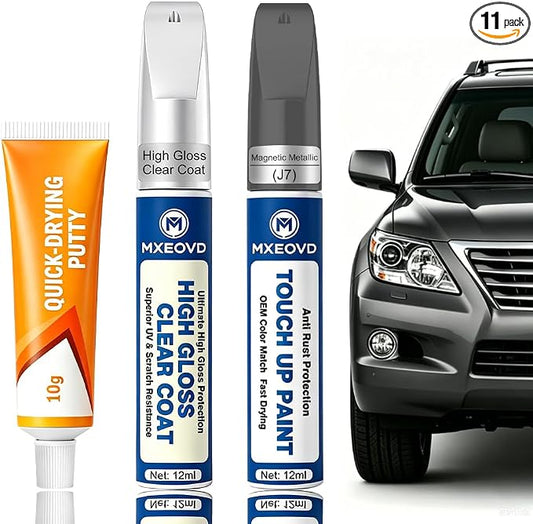 Magnetic Metallic J7 Touch Up Paint Compatible with Ford, All in One Car Scratch Repair Kit with Primer Putty & Clear Coat, Complete Sanding Tools Set for Scratches Chips Nicks
