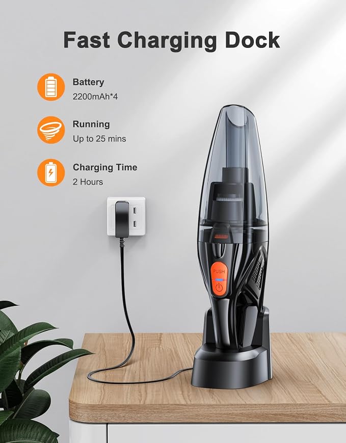 Handheld Vacuum Cordless Rechargeable 9KPA - [2H Fast Charging Dock] Portable Car Vacuum Cleaner High Power Suction with LED Light, 2 HEPA Filters, Dust Busters Wet Dry for Home/Car/Office/Pet