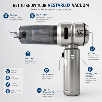 Handheld Car Vacuum Cleaner Cordless Powerful 25000Pa Suction, 3-Speed Brushless Motor Mini Portable Rechargeable Lightweight Hand Held Vacuum & Blower for Vehicle Office Home Pet Hair