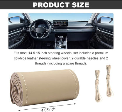 Wevdn Genuine Leather Steering Wheel Cover, Stitch on Wrap, DIY Sewing Steering Wheel Protector, 15 Inch Breathable Non-Slip Steering Wheel Protector, Car Accessories (Beige, Glossy)