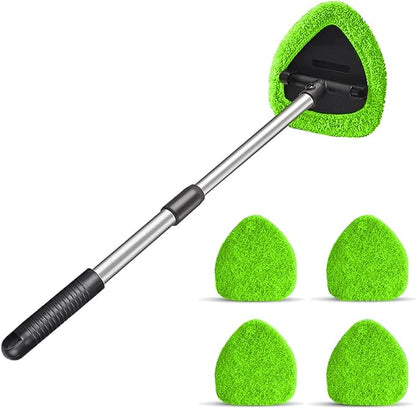 Windshield Cleaning Tool, Car Window Cleaner with 4 Washable Reusable Microfiber Pads, Extendable Long Handle Glass Wiper Cleaning Kit, Auto Accessories Universal for Office and Home (Green)