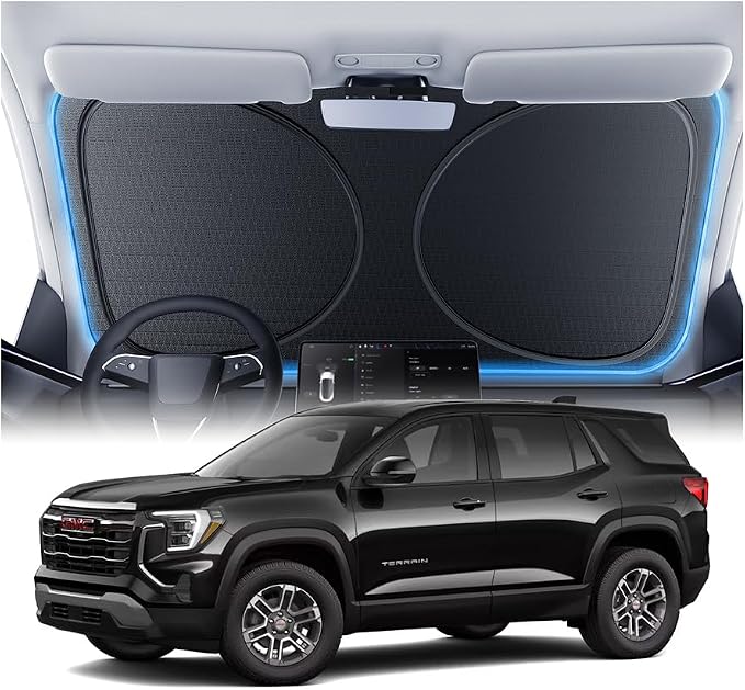 Windshield Sun Shade for GMC Terrain/Acadia/Yukon 2000-2026, Custom Fit Sunshade, 100% UV Block & Heat Insulation, Foldable Car Sunshade with Storage Bag, Protect Interior Accessories