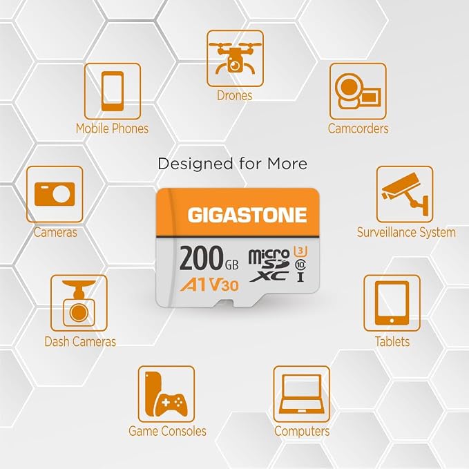 GIGASTONE 200GB Micro SD Card, A1 V30, 4K Video Recording, Compatible with Security Camera, Dash Cam, Drone, 100MB/s MicroSDXC Memory Card UHS-I V30 Class 10, with Adapter