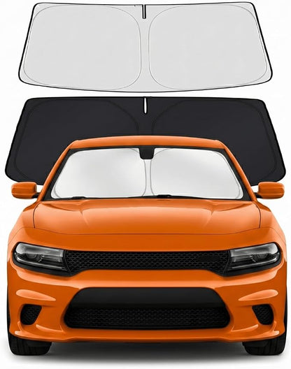 Custom Fit Windshield Sun Shade for Dodge Charger 2011-2023 | Custom Fit Windshield Cover, Blocks UV Rays, Double-Layer Heat Shield, Durable Frame, Easy Fold & Storage