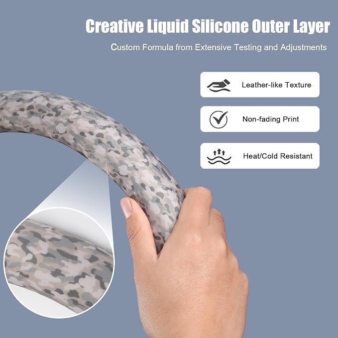 Camo Print Steering Wheel Cover with Silicone Inner Ring, Non-Toxic, Odorless Silicone Leather with Non-Fading Pattern for Men Women, Universal 14.5 to 15 Inch (Camo Print)