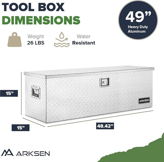 ARKSEN 49 x 15 x 15 Inch Diamond Plate Truck Bed Tool Box, Heavy Duty Waterproof Aluminum Toolboxes Storage Chest with Side Handle & Lock for Pickup Truck Bed, RV & Trailer Silver