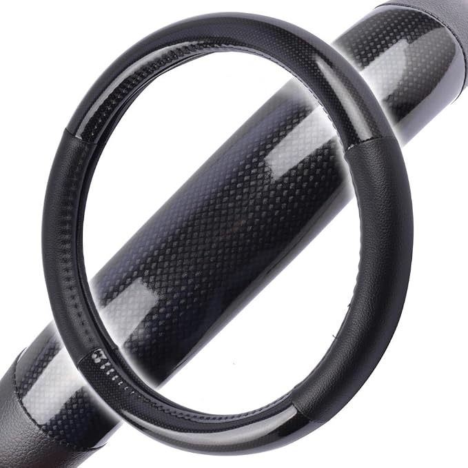 BDK Carbon Fiber Steering Wheel Cover White Vinyl with Fiber Accent - Black Carbon, 14.5-15 inch