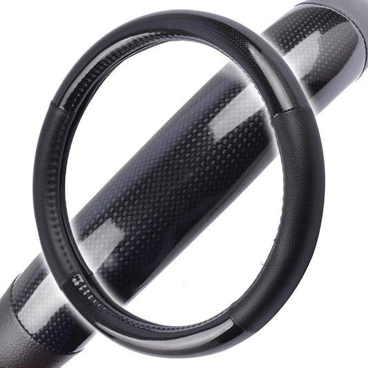 BDK Carbon Fiber Steering Wheel Cover White Vinyl with Fiber Accent - Black Carbon, 14.5-15 inch