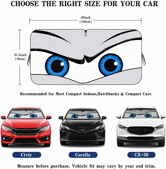 Car Windshield Sun Shade, Funny Eyes Sun Visor for Car Windshield Universal Fits Sedan Compact Car Hatchback SUV, UV Heat Protection - 59 x 27.5