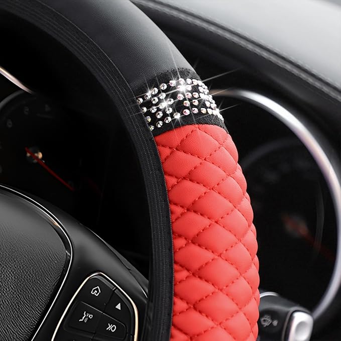 Osilly Bling Car Steering Wheel Cover, 15 Inch Rhinestones Soft Leather Elastic Steering Wheel Protector, Sparkly Crystal Diamond for Women Girls, Car Interior Accessories for Most Cars (Red)