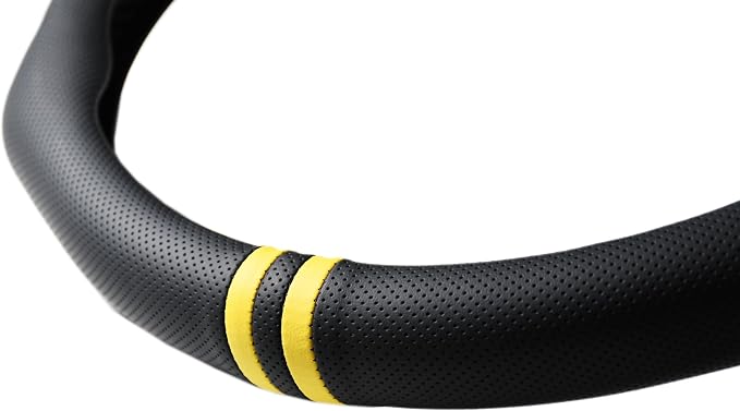 Quick Install Sporty Perforated Nappa Leather Steering Wheel Cover with Yellow Stripes Universal fit 14½" to 15" Car SUV Pickup Steering Wheel