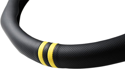 Quick Install Sporty Perforated Nappa Leather Steering Wheel Cover with Yellow Stripes Universal fit 14½" to 15" Car SUV Pickup Steering Wheel
