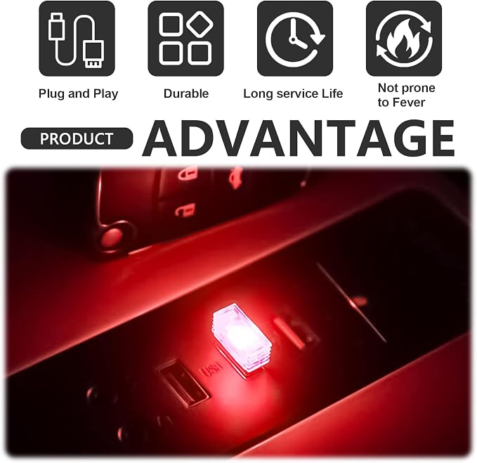 4 PCS USB LED Car Interior Ambient Lighting Kit, Portable Plug-in Atmosphere Lamp Decor Night Light, Universal Vehicle Interior Accessories for Most Cars (Red)