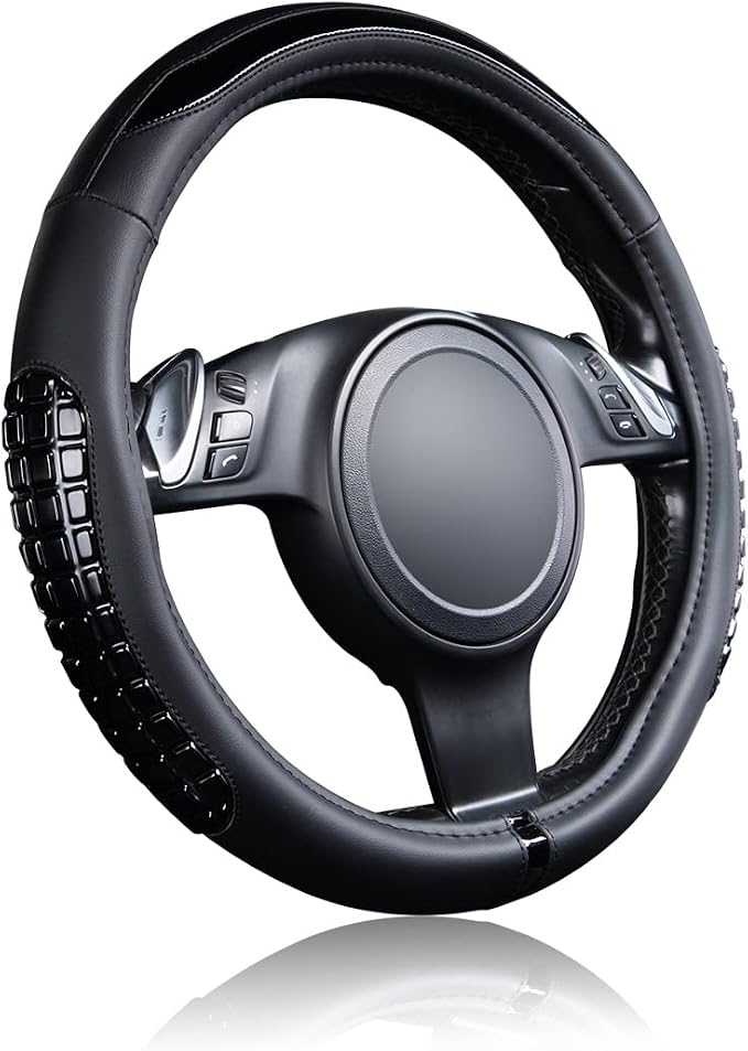 Flying Banner car Steering Wheel Cover Gel Massage Velvet Cool Warm Universal Size 15 inches SUV Truck Anti Slip Odorless Summer Winter (Black Black, Gel Massage)
