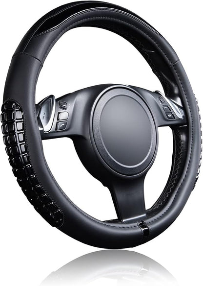 Flying Banner car Steering Wheel Cover Gel Massage Velvet Cool Warm Universal Size 15 inches SUV Truck Anti Slip Odorless Summer Winter (Black Black, Gel Massage)
