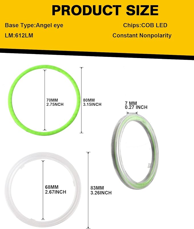 Qasim 80MM Green 63SMD Car Angel Eyes COB LED Halo Ring With Cover LED DRL Fog Light 12V 24V-1Pair