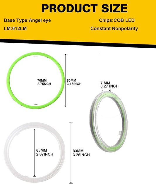Qasim 80MM Green 63SMD Car Angel Eyes COB LED Halo Ring With Cover LED DRL Fog Light 12V 24V-1Pair