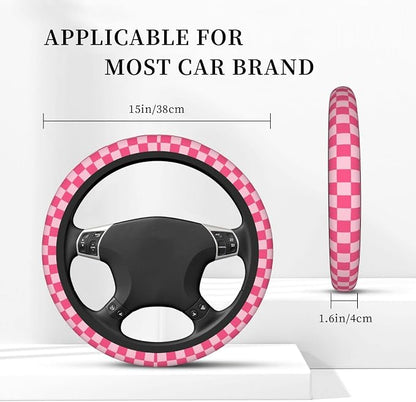 Hot Pink Checkered Steering Wheel Cover for Women, Universal Auto Steering Wheel 14-15 Inch Car Interior Accessories with 2PCS Car Coasters, Suitable for Men and Women
