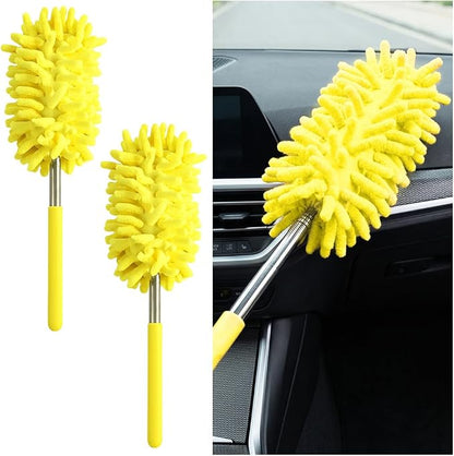 2PCS Car Interior Duster with Extension Pole, 9.45" to 28.35" Microfiber Soft Vehicle Dash Dusting Detailing Wash Brushes, Automotive Dash Cleaning Tool, Universal for SUV RV Truck (Yellow)