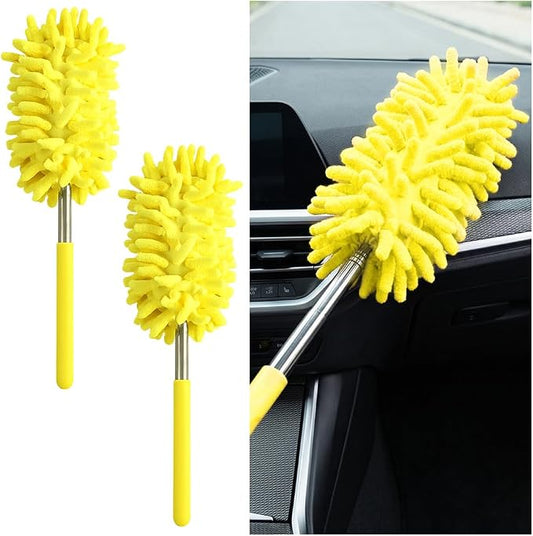 2PCS Car Interior Duster with Extension Pole, 9.45" to 28.35" Microfiber Soft Vehicle Dash Dusting Detailing Wash Brushes, Automotive Dash Cleaning Tool, Universal for SUV RV Truck (Yellow)