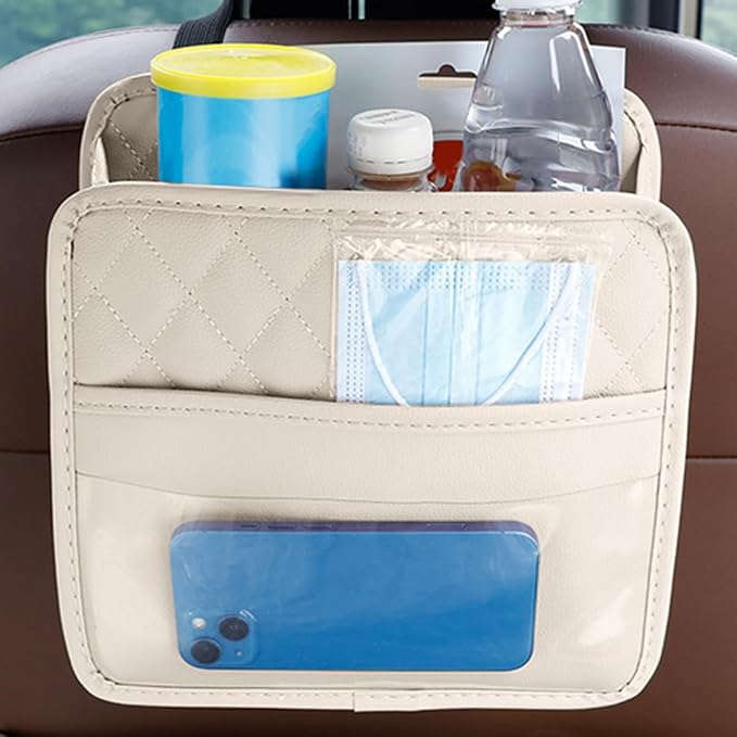 Mandark Car Seat Back Organizer, PU Leather Vehicle Backseat Hanging Storage Pocket, Multipurpose Auto Travel Essentials Accessories for Kids & Adults, Universal for Most Cars (Beige)