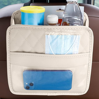 Mandark Car Seat Back Organizer, PU Leather Vehicle Backseat Hanging Storage Pocket, Multipurpose Auto Travel Essentials Accessories for Kids & Adults, Universal for Most Cars (Beige)
