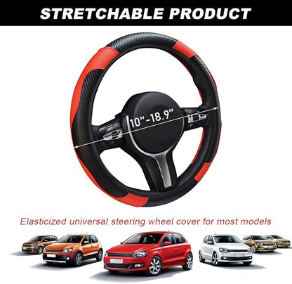 DXNQ Car Steering Wheel Cover, 15 Inch Carbon Fiber Leather Stitching Color Steering Wheel Protector, Anti-Slip Elastic Breathable Steering Wheel Cover Stylish Decor for Most Cars (Black&Red)